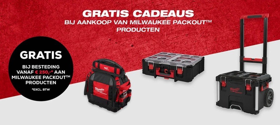 Ontvang gratis cadeaus bij een aankoop van Milwaukee PACKOUT™ producten vanaf €250,- excl. btw.